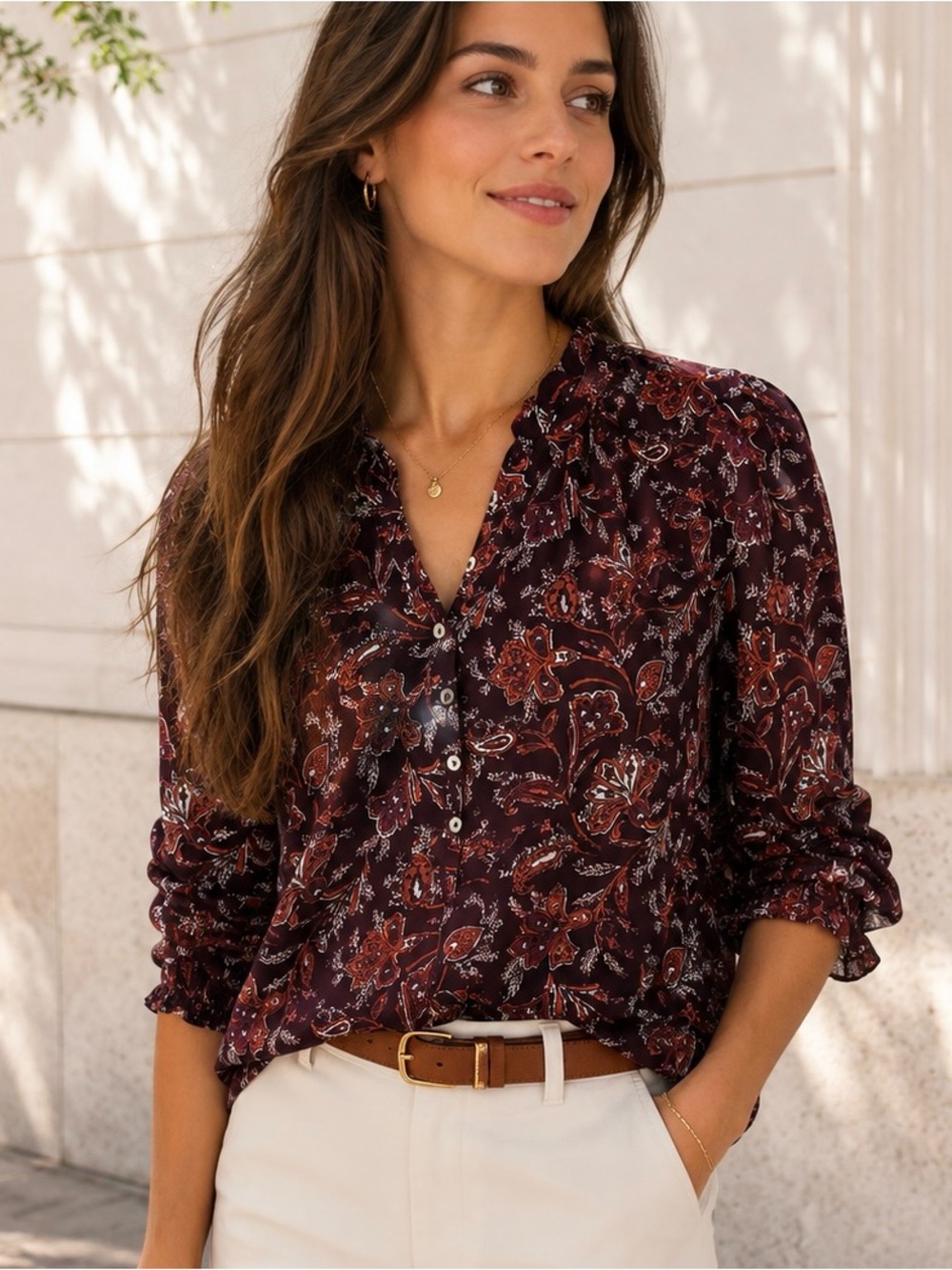 LOFT Burgundy Floral Paisley Button-Front Blouse
